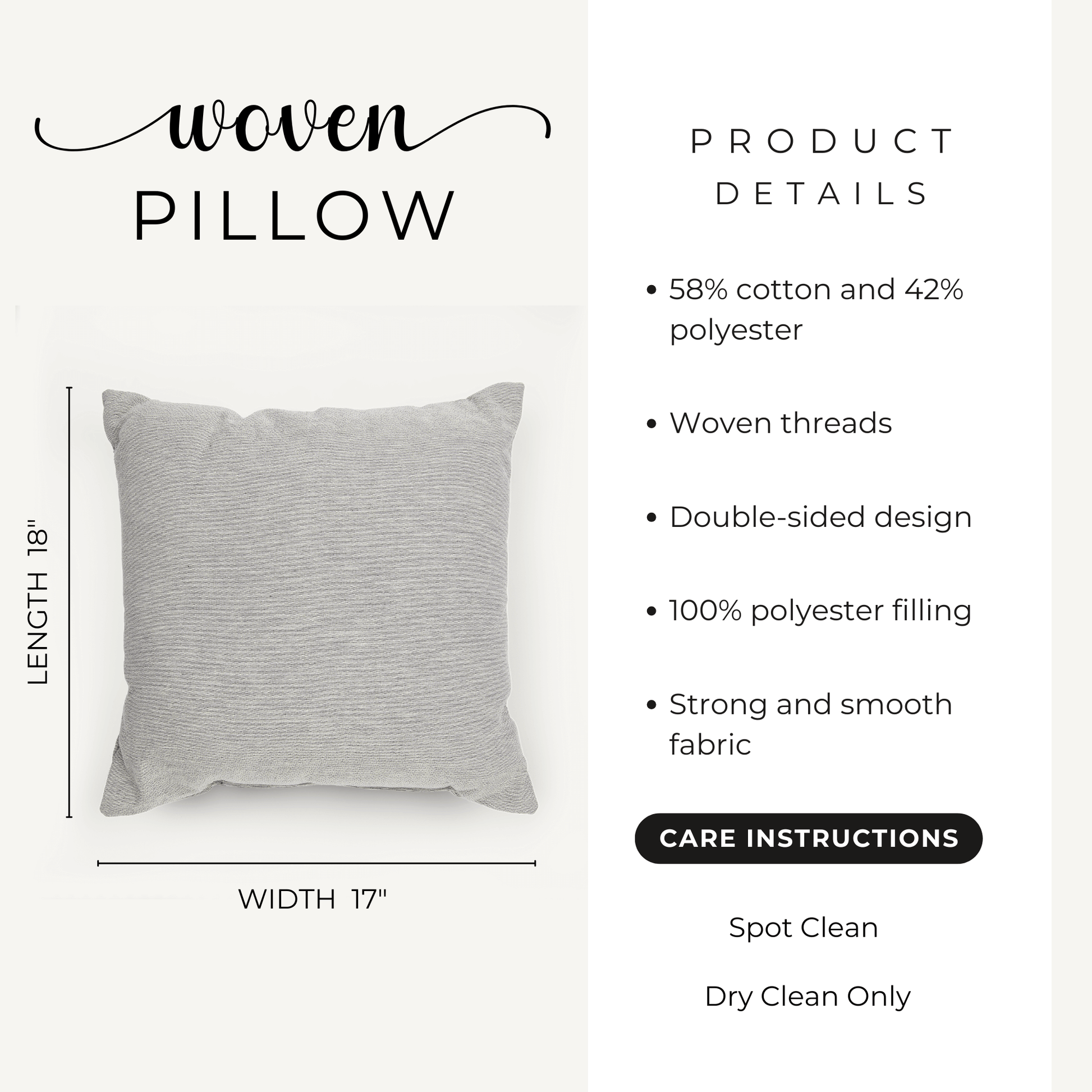 Woven pillow with product details on a white background