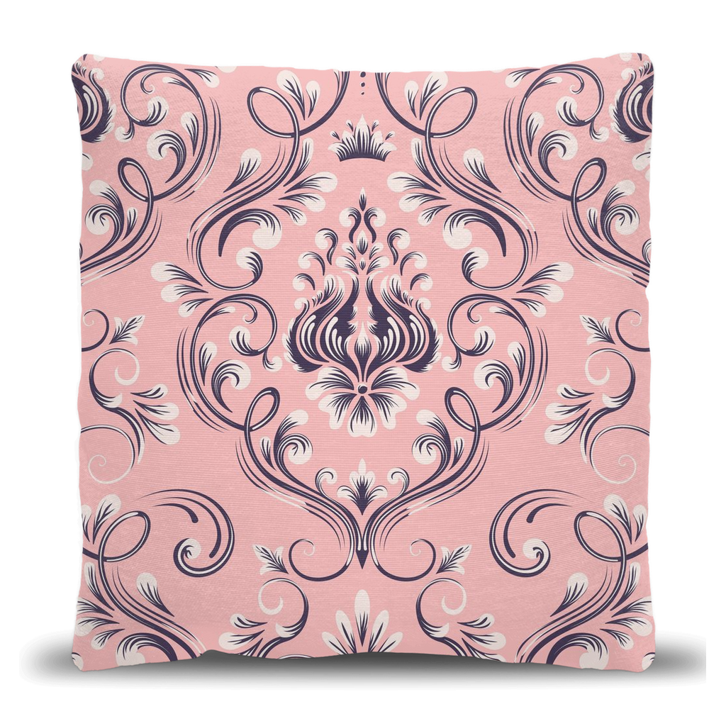 Close up of decorative pillow with a pink and purple floral pattern on a pink background