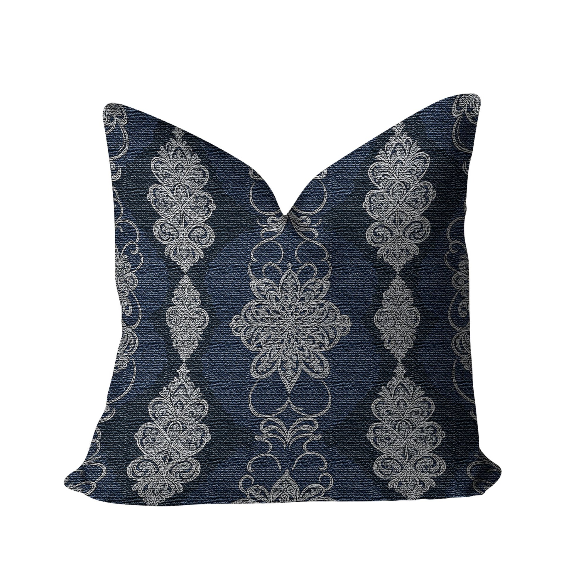 Navy White Damask Woven Pillow against a white background