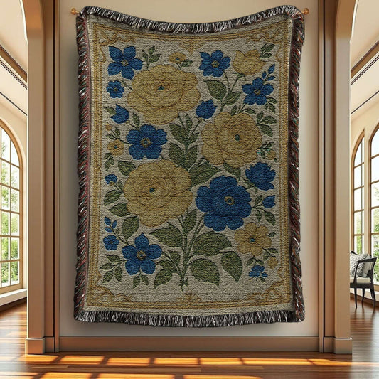 Yellow and Blue Floral Woven Blanket Tapestry