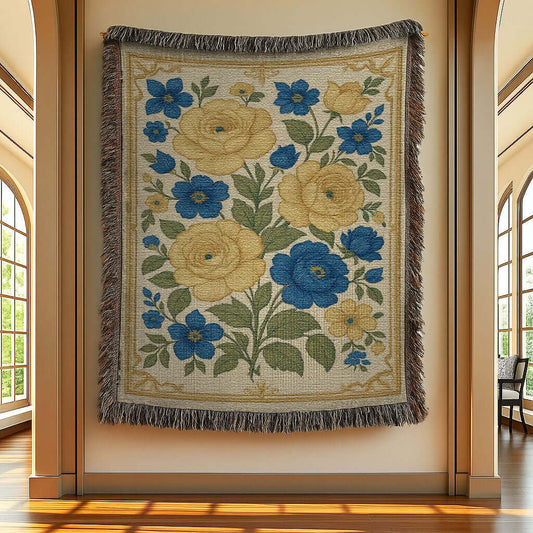 Yellow and Blue floral Cottagecore Blanket Tapestry hanging on a gallery wall.