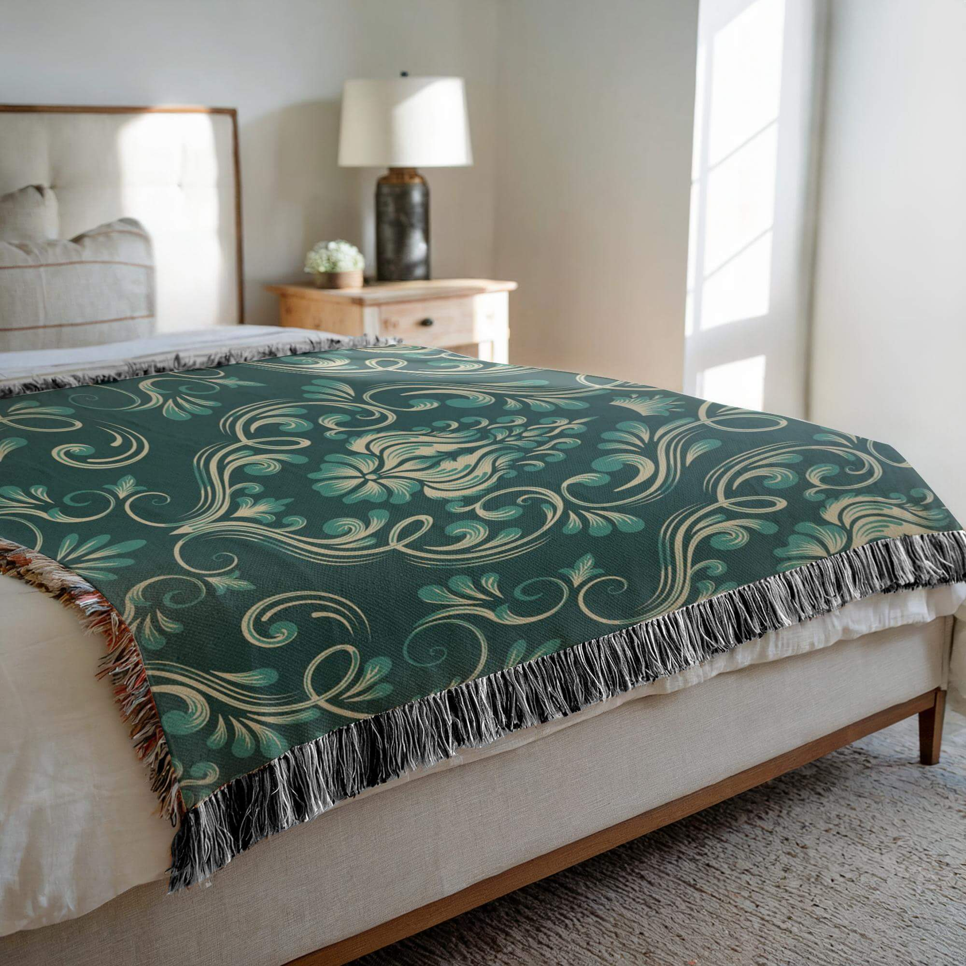 side view of the Dark Green Damask Woven Blanket draped on a bed