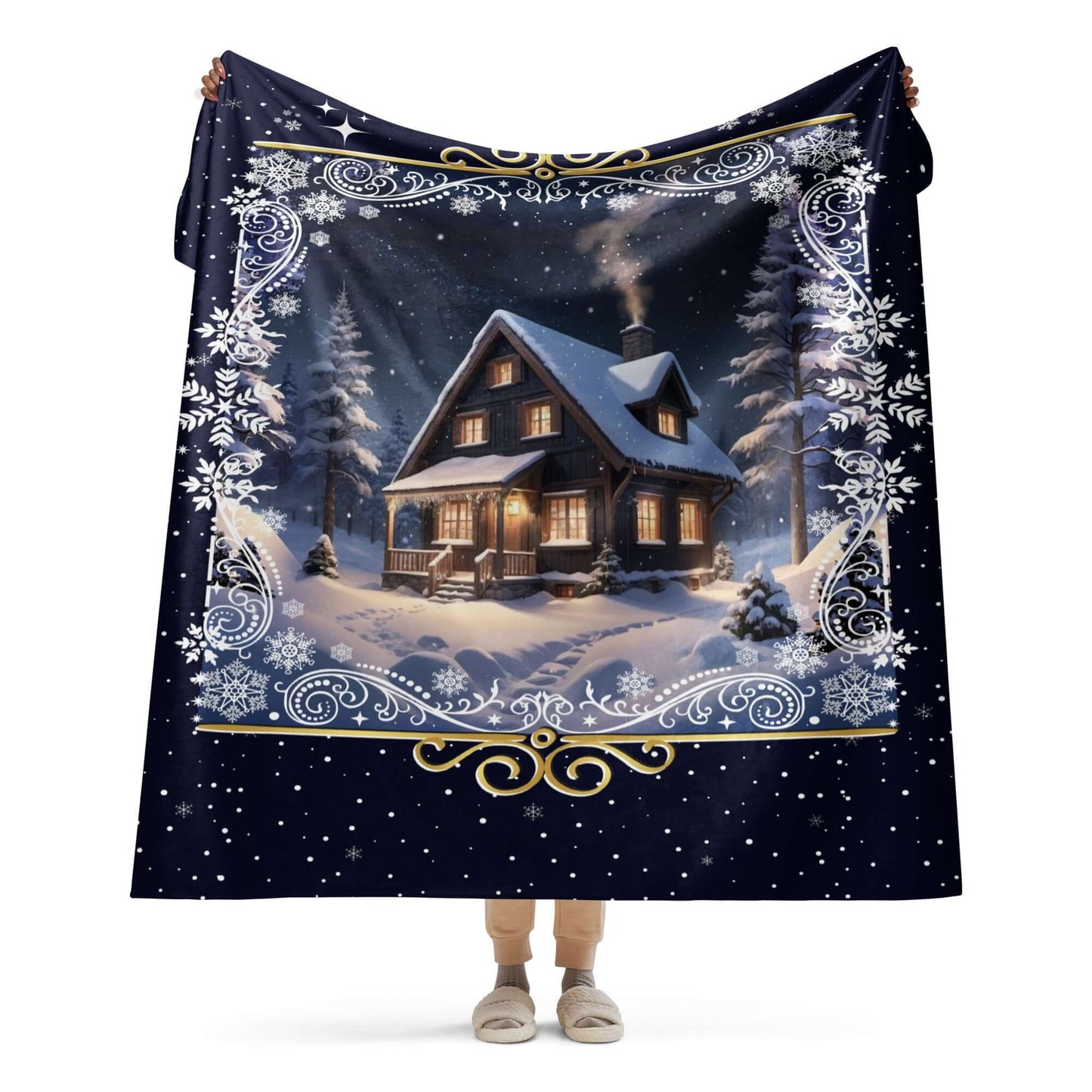 Personalized Silent Night Christmas Blanket held up by a person against a white background