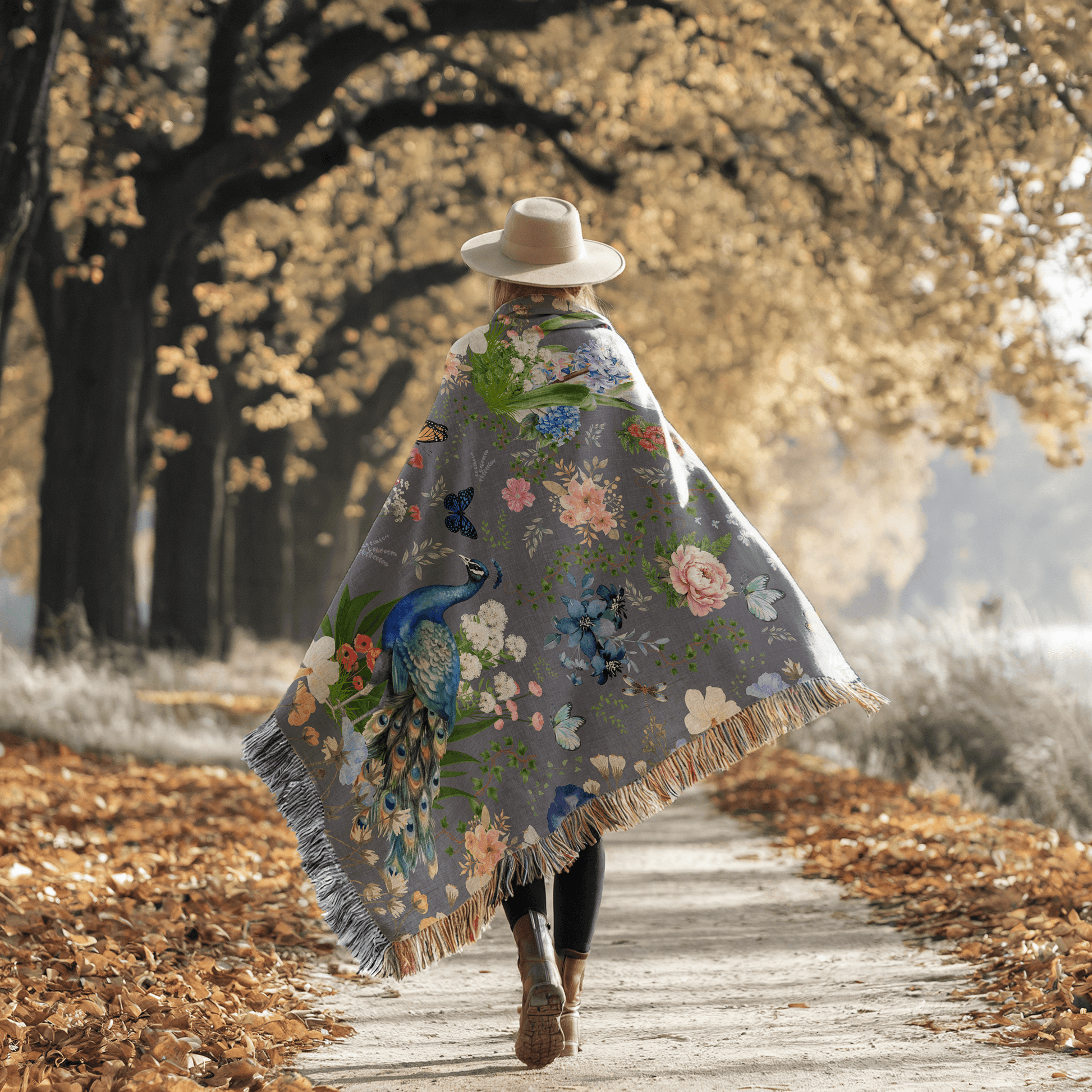 A woman walking down a tree lined street in the fall, with the Dark Gray Peacock Floral Woven Blanket with Fringes draped over her shoulders