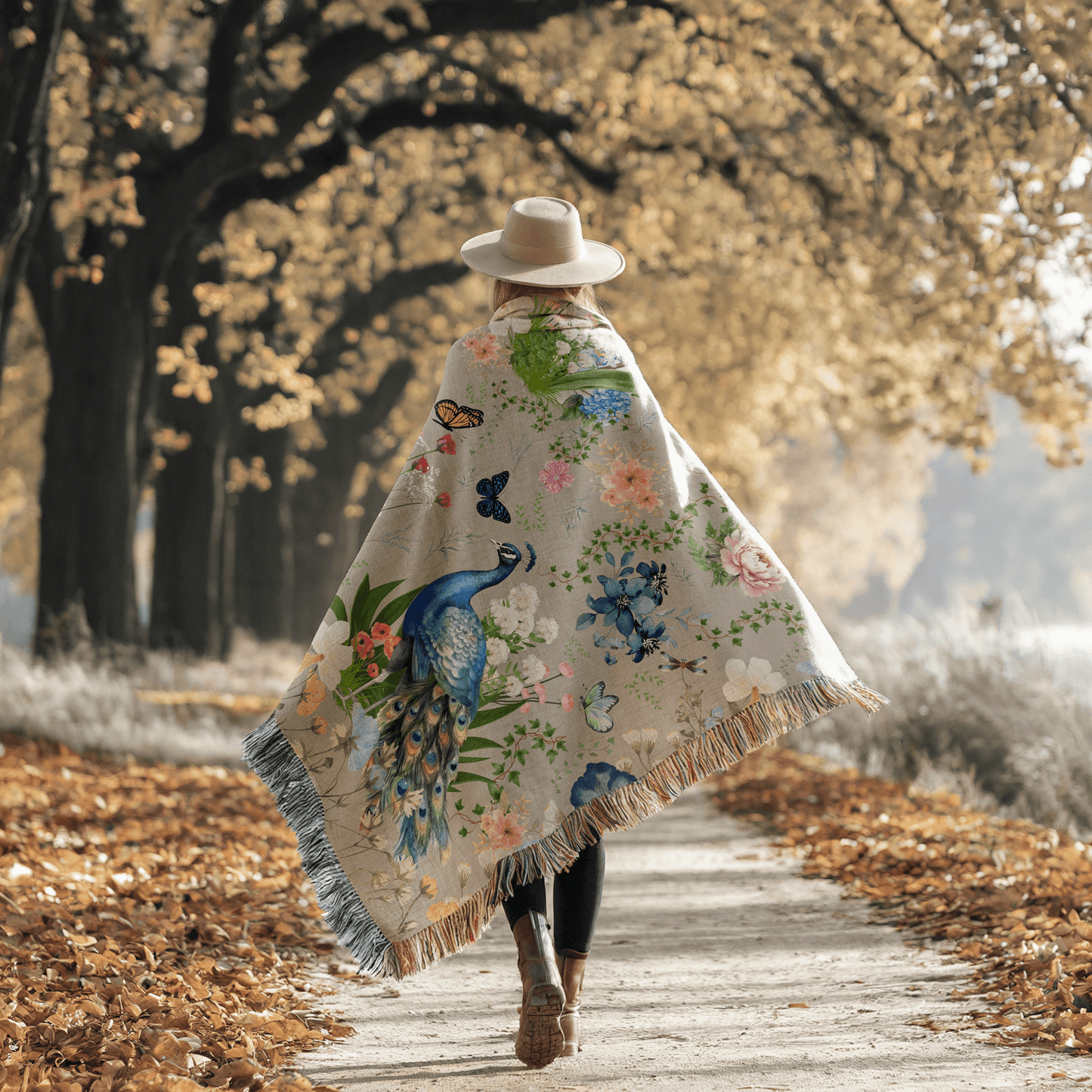 A woman walking on a a tree-lined street in the fall with the Gray Peacock Floral Woven Blanket with Fringes draped over her shoulders