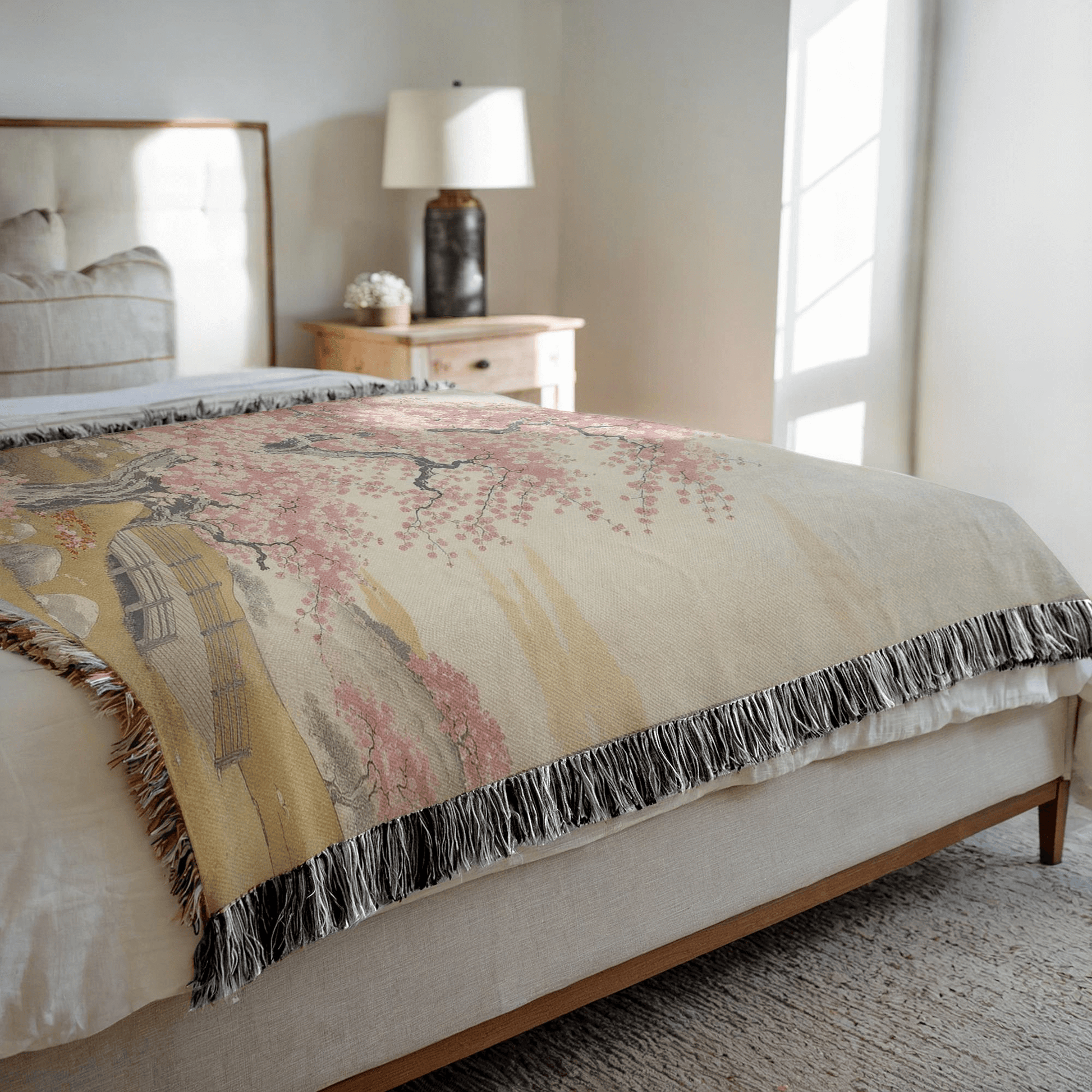 Side view of the Cherry Blossom Tree Woven Blanket Tapestry draped on a bed.