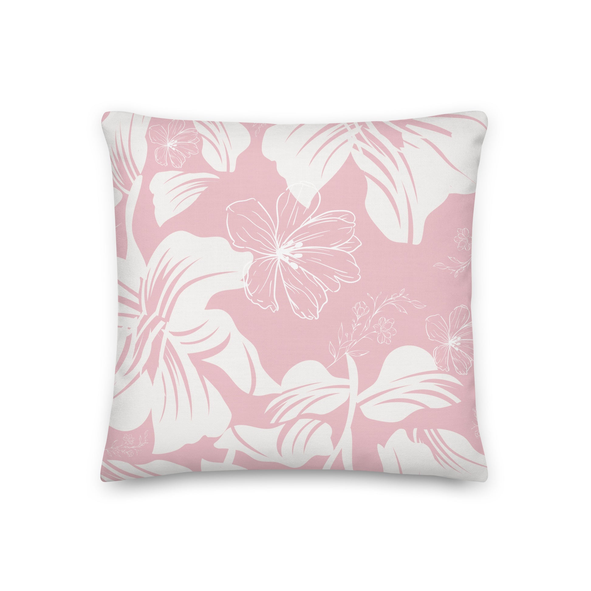 Pink and White Floral Pillow Cover against a white background.
