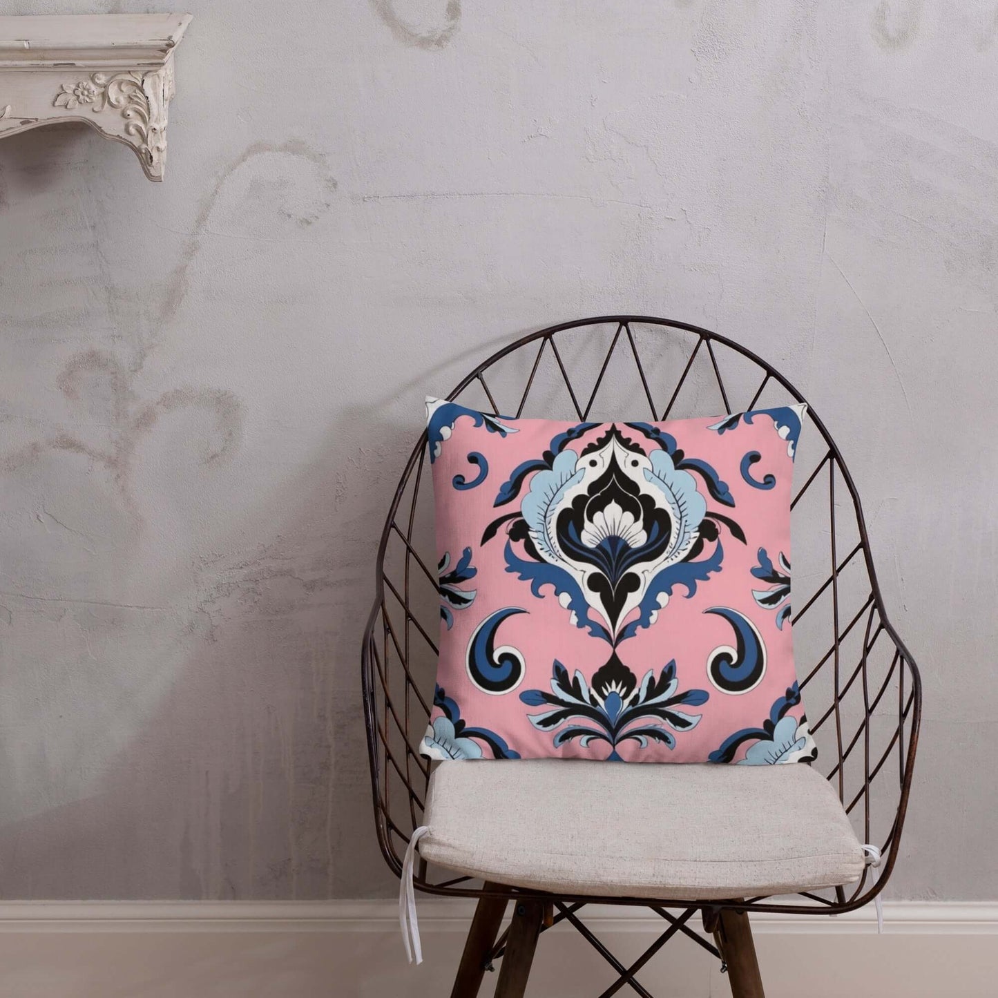 Pink and Navy Damask Floral Print Pillow