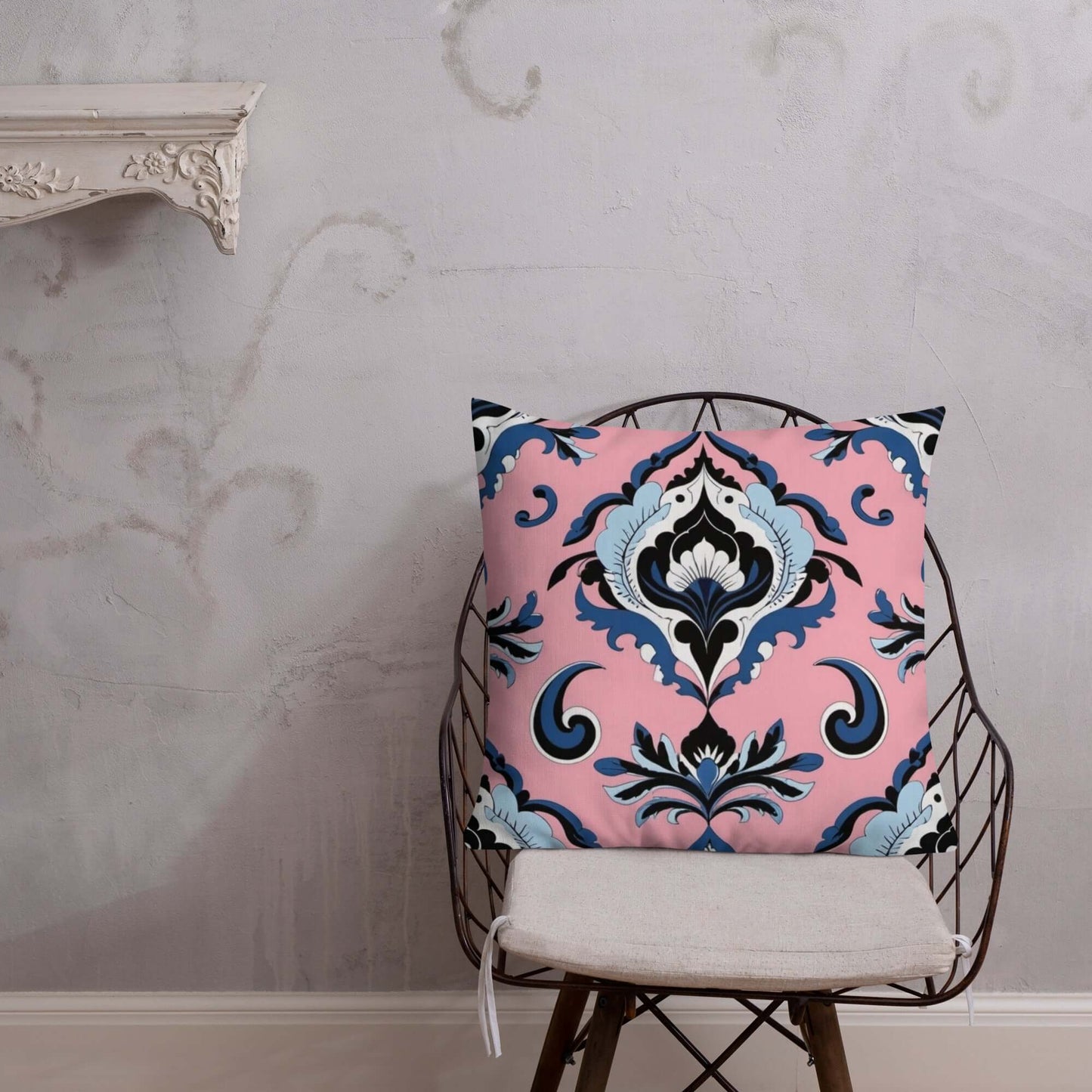 Pink and Navy Damask Floral Print Pillow