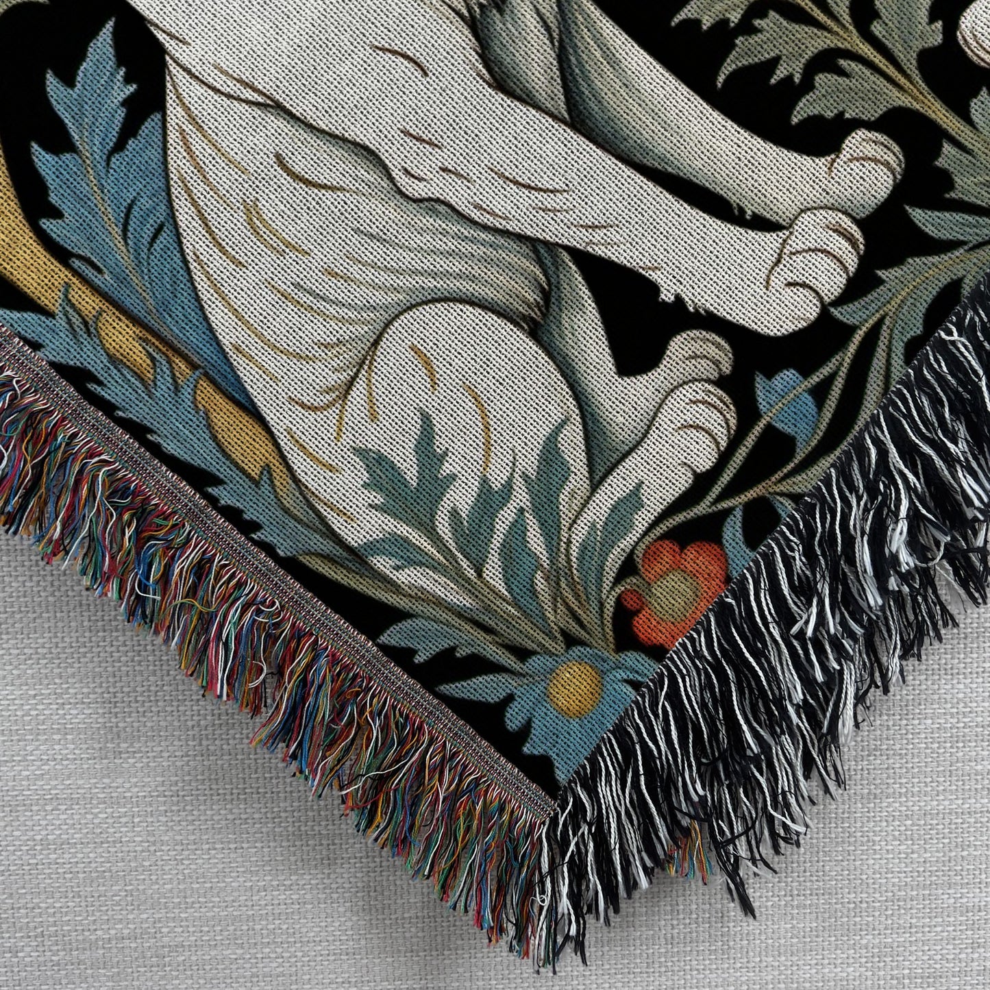 Closeup corner view of the White Tiger Woven Luxury Blanket