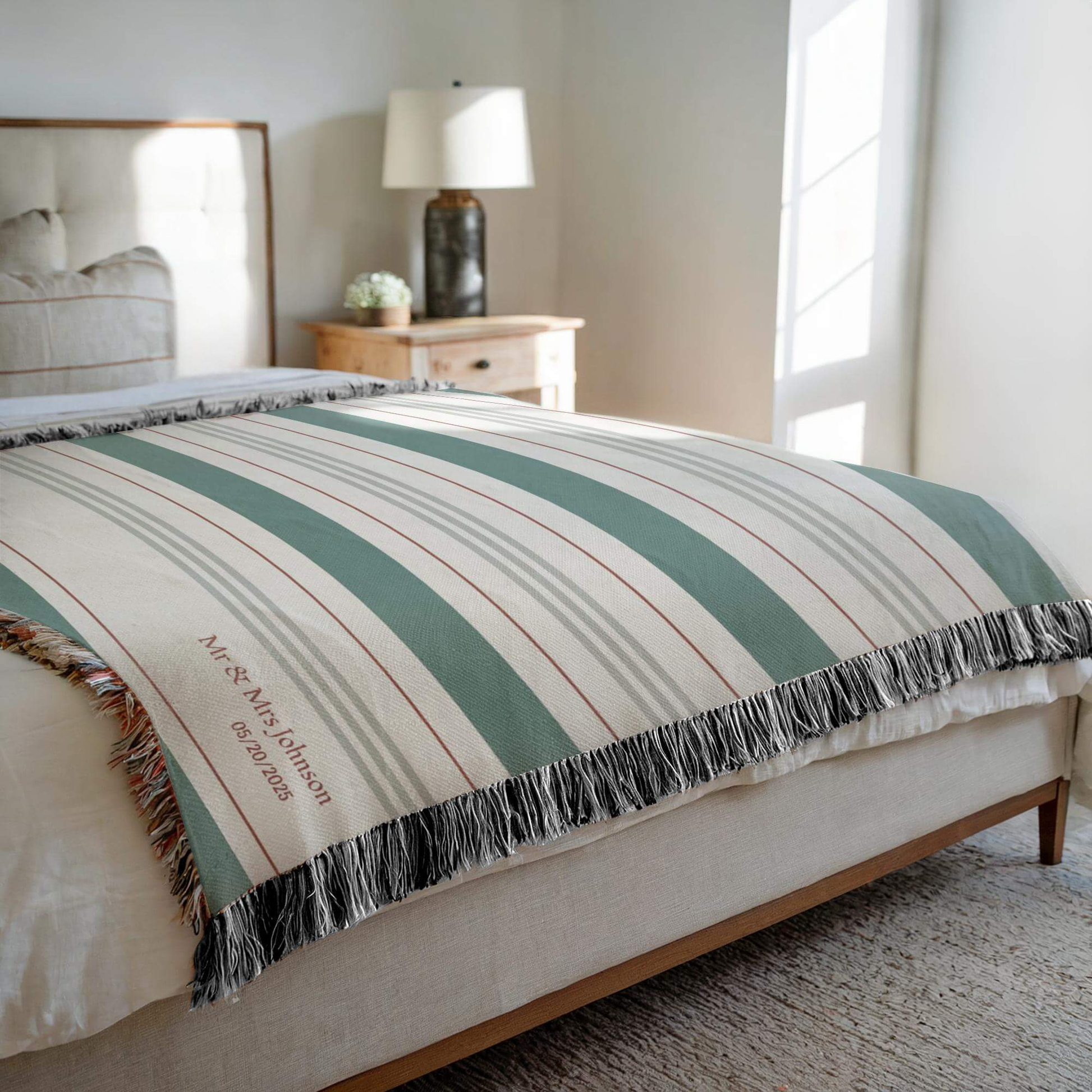 Side view of Personalized Striped Woven Blanket draped on a bed.