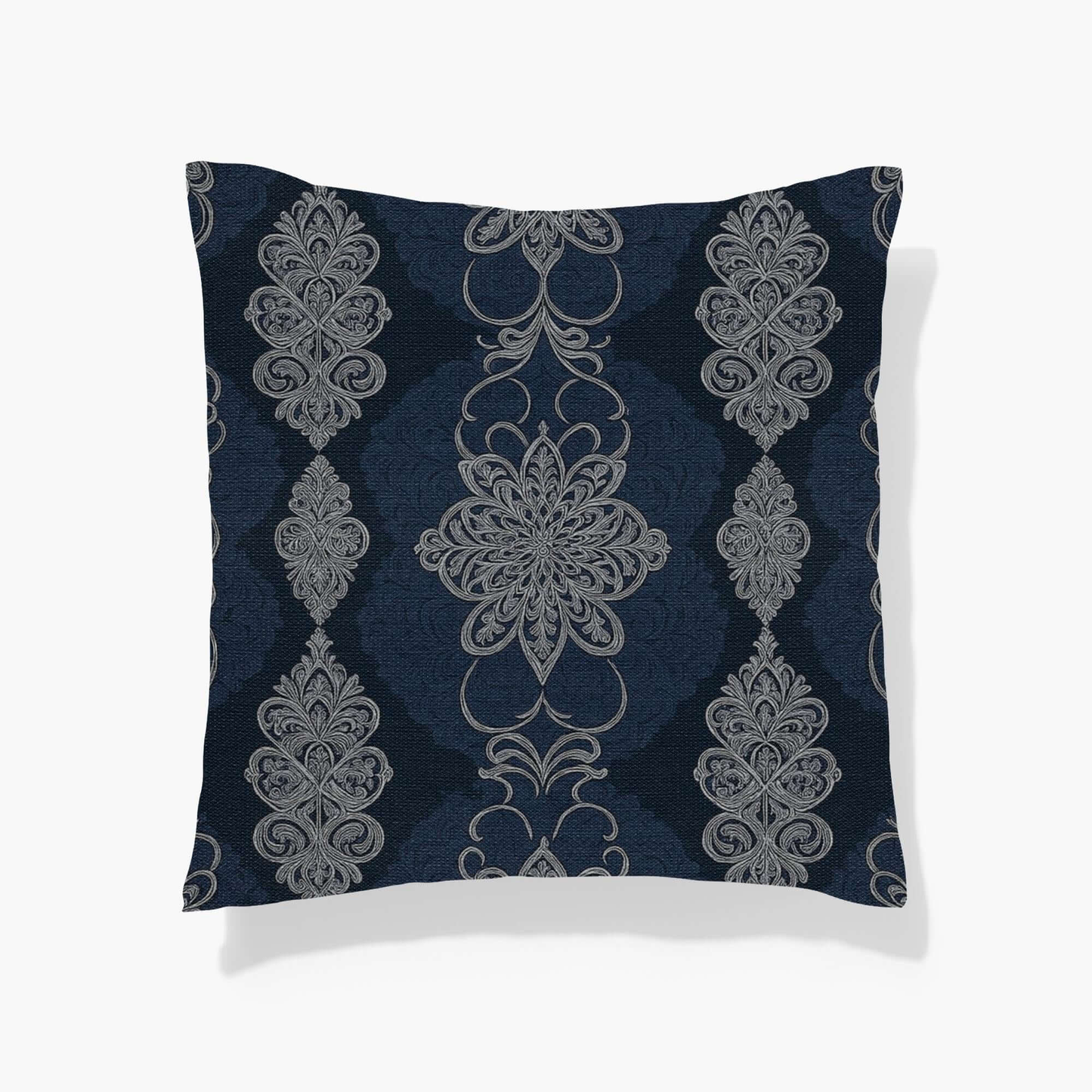 Navy White Damask Woven Pillow on a white background