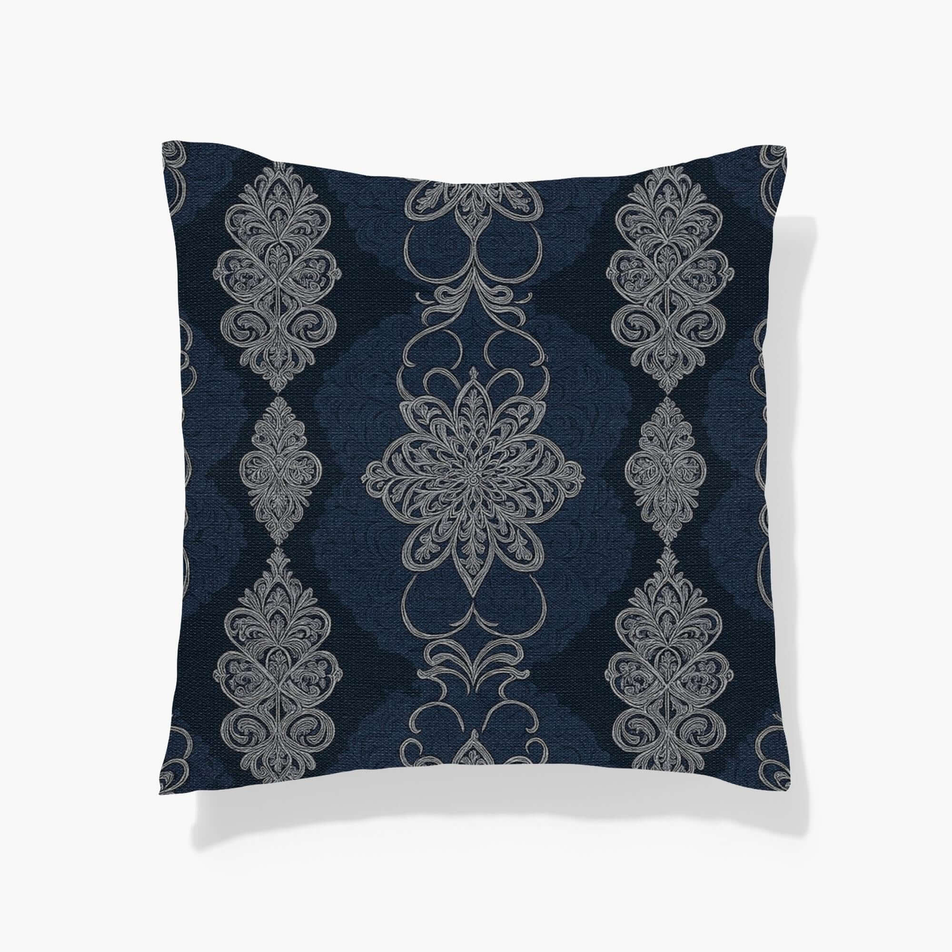 Navy White Damask Woven Pillow on a white background
