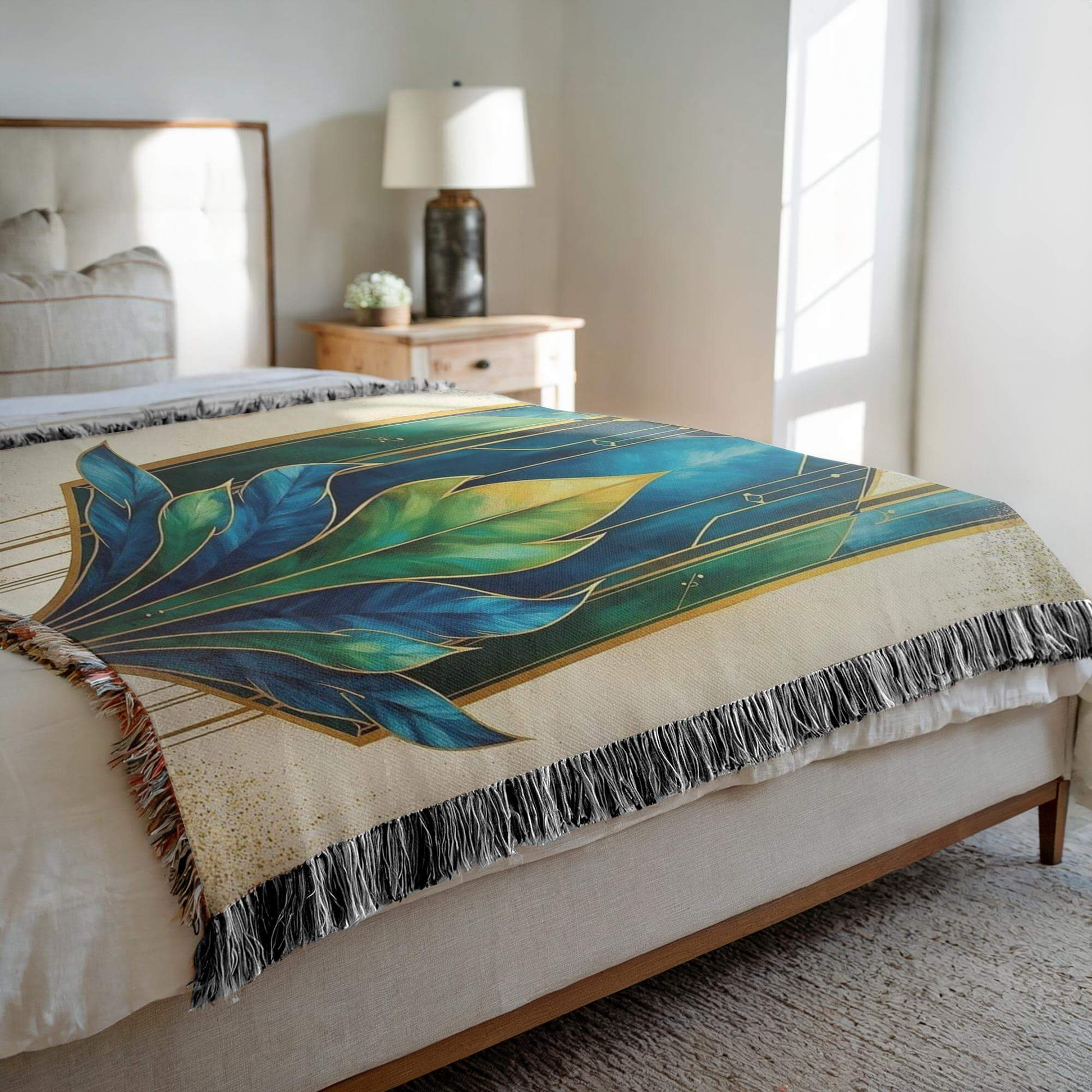 Art Deco Woven Blanket in Blue Green Gold on a bed with a cozy and modern bedroom setting.