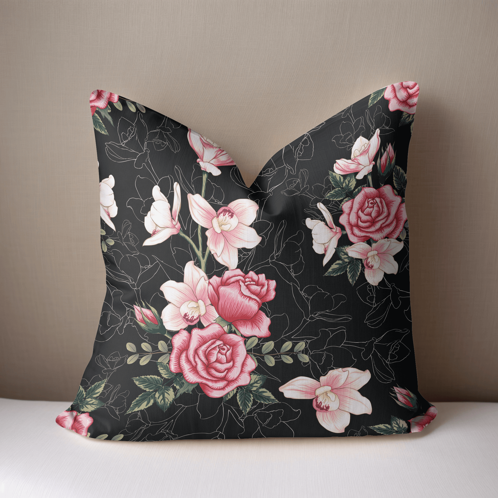 Floral Rose Pink and Black Pillow