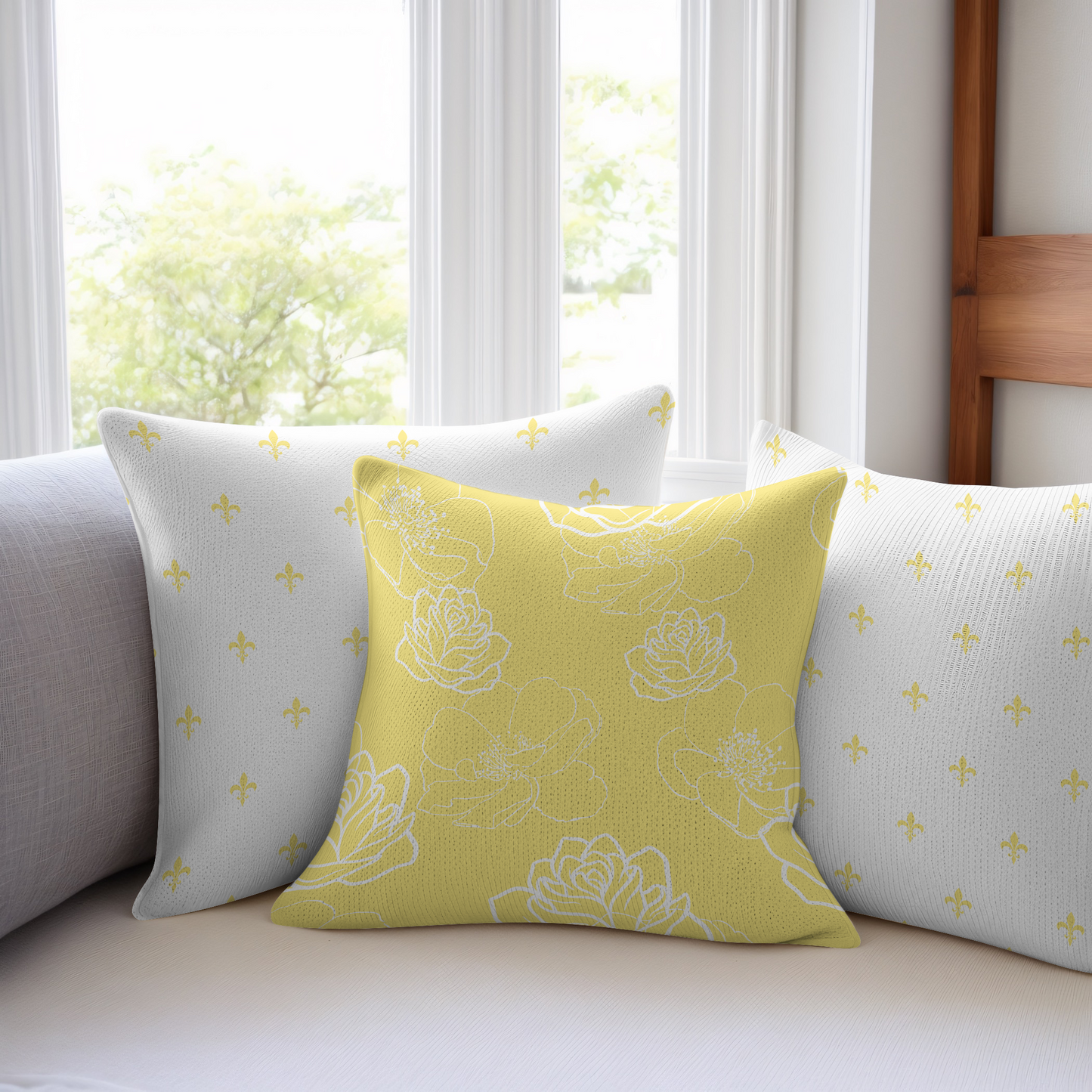 Three yellow and white pillows on a white sofa.