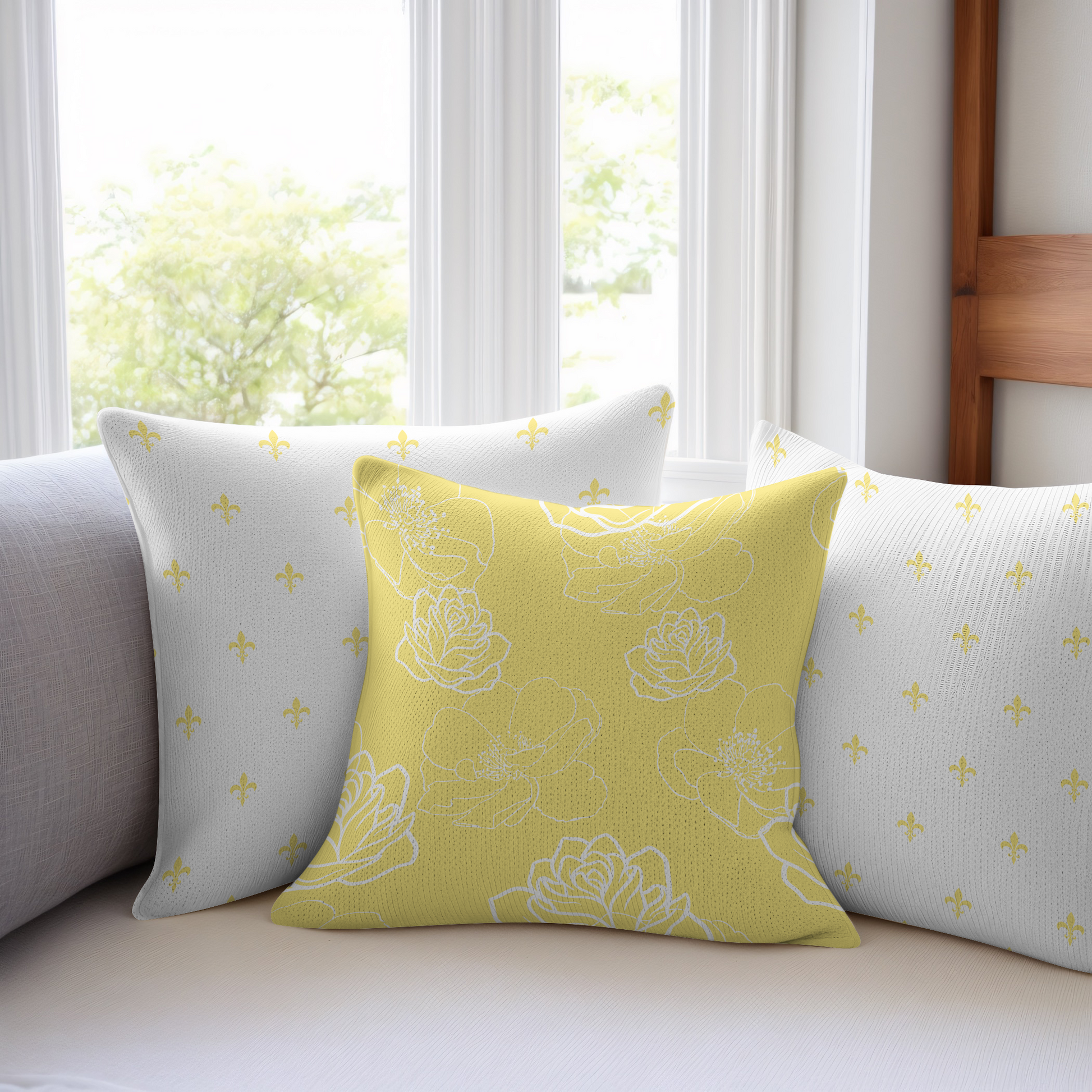 Three yellow and white pillows on a white sofa.