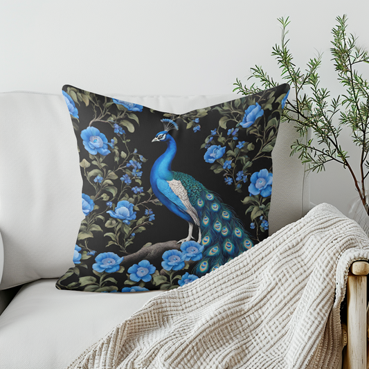 Handmade Peacock Velvet Pillow Cover in Black and Blue