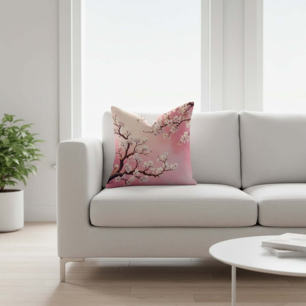Pink Almond Blossom Woven Pillow on a white sofa in a bright modern living room.