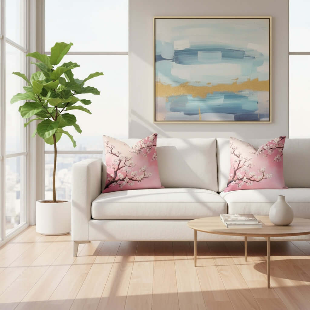 Two Pink Almond Blossom Woven Pillows on a white sofa in a modern living room.