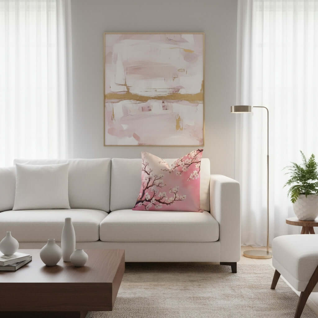 Pink Almond Blossom Woven Pillow with a white pillow on a white sofa in a modern living room