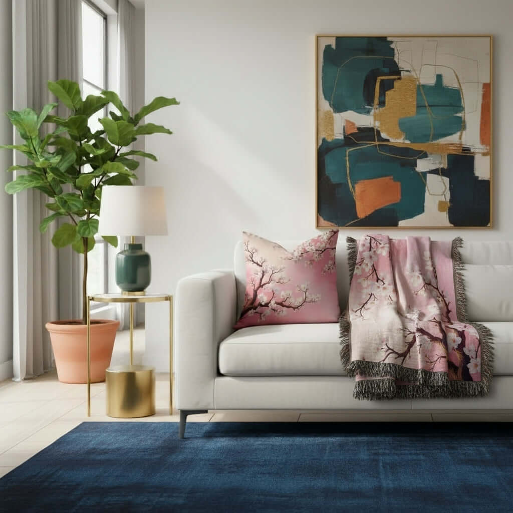 Living room with a white sofa, a Pink Almond Blossom Woven Blanket and matching pillow resting on the sofa, and abstract art on the wall.