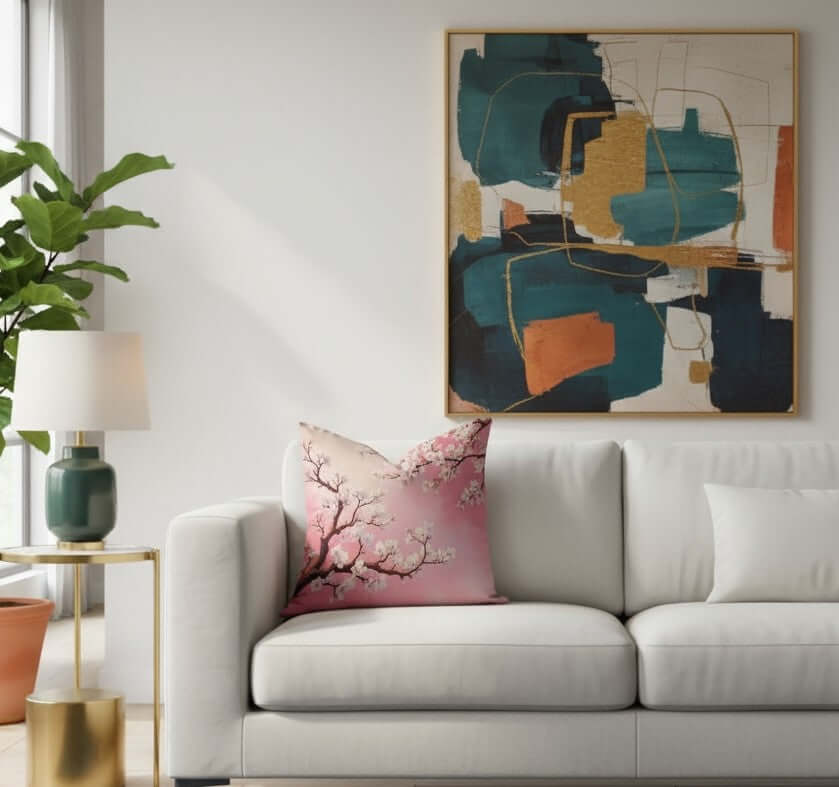 Pink Almond Blossom Woven Pillow on a white sofa in a modern living room.