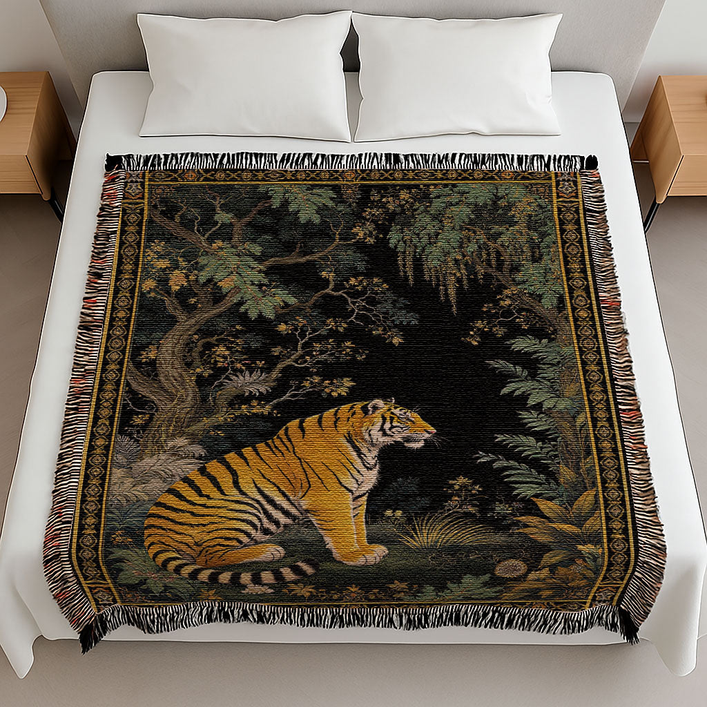 Overhead view of the Exotic Tiger Woven Throw Blanket draped on a bed with white linens