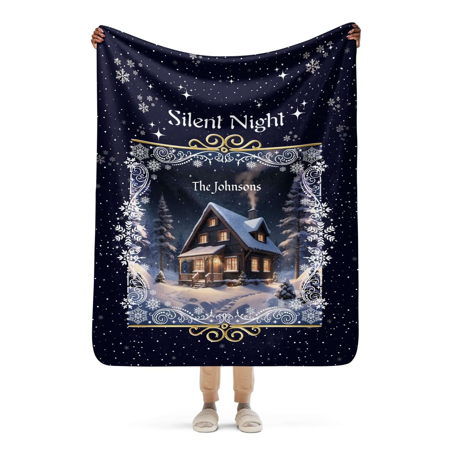 Personalized Silent Night Christmas Blanket held up by a person against a white background