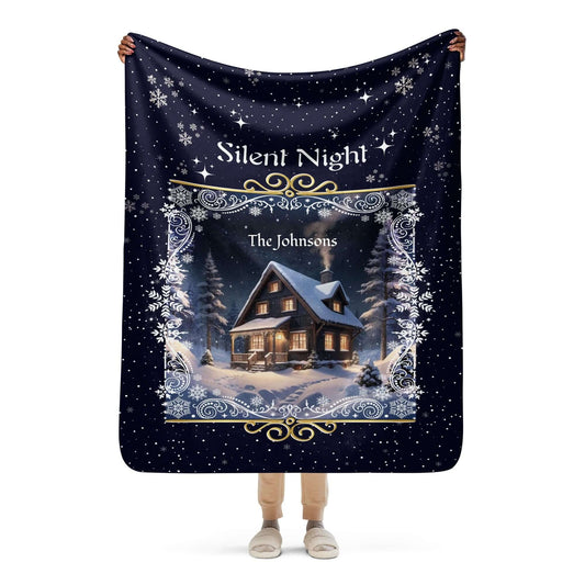 Personalized Silent Night Christmas Blanket held up by a person against a white background
