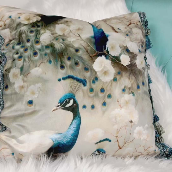 Video of White Peacock Velvet Pillow Cover with Tassel Trim