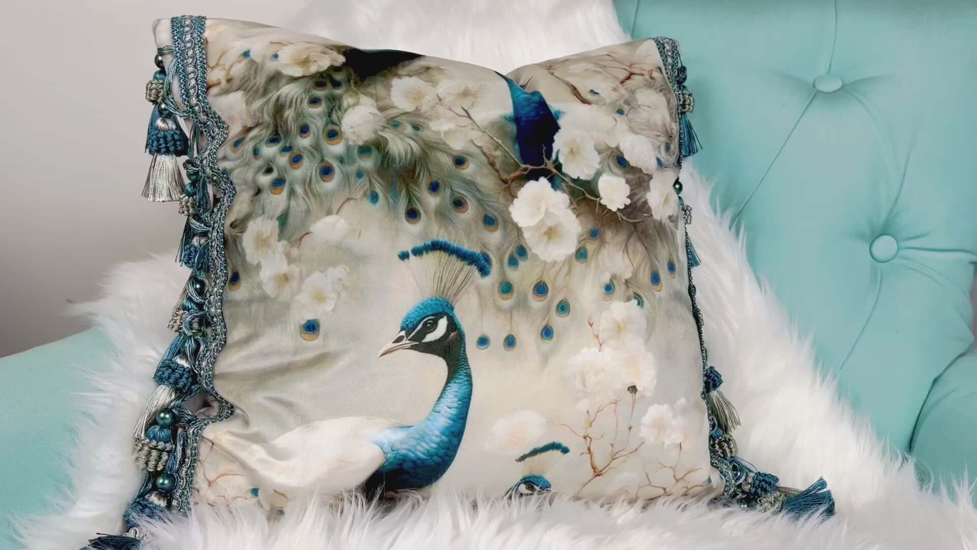 Video of White Peacock Velvet Pillow Cover with Tassel Trim