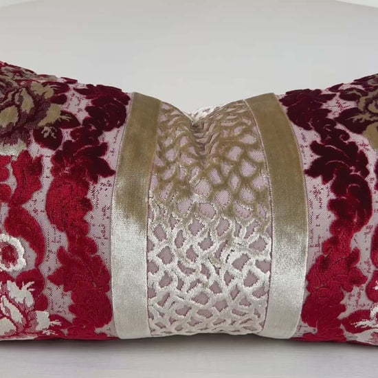 Red and Gold Cut Velvet Lumbar Pillow Cover with Tassels