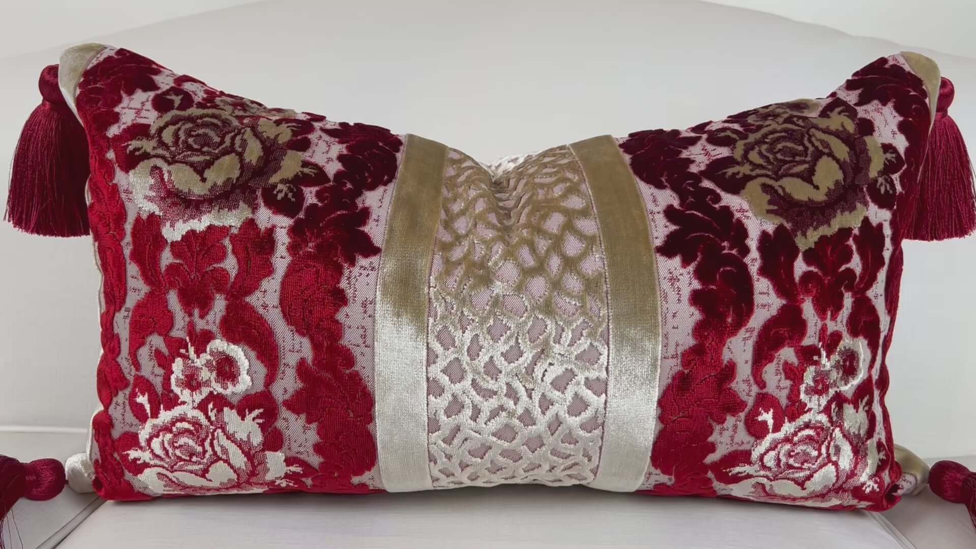 Red and Gold Cut Velvet Lumbar Pillow Cover with Tassels