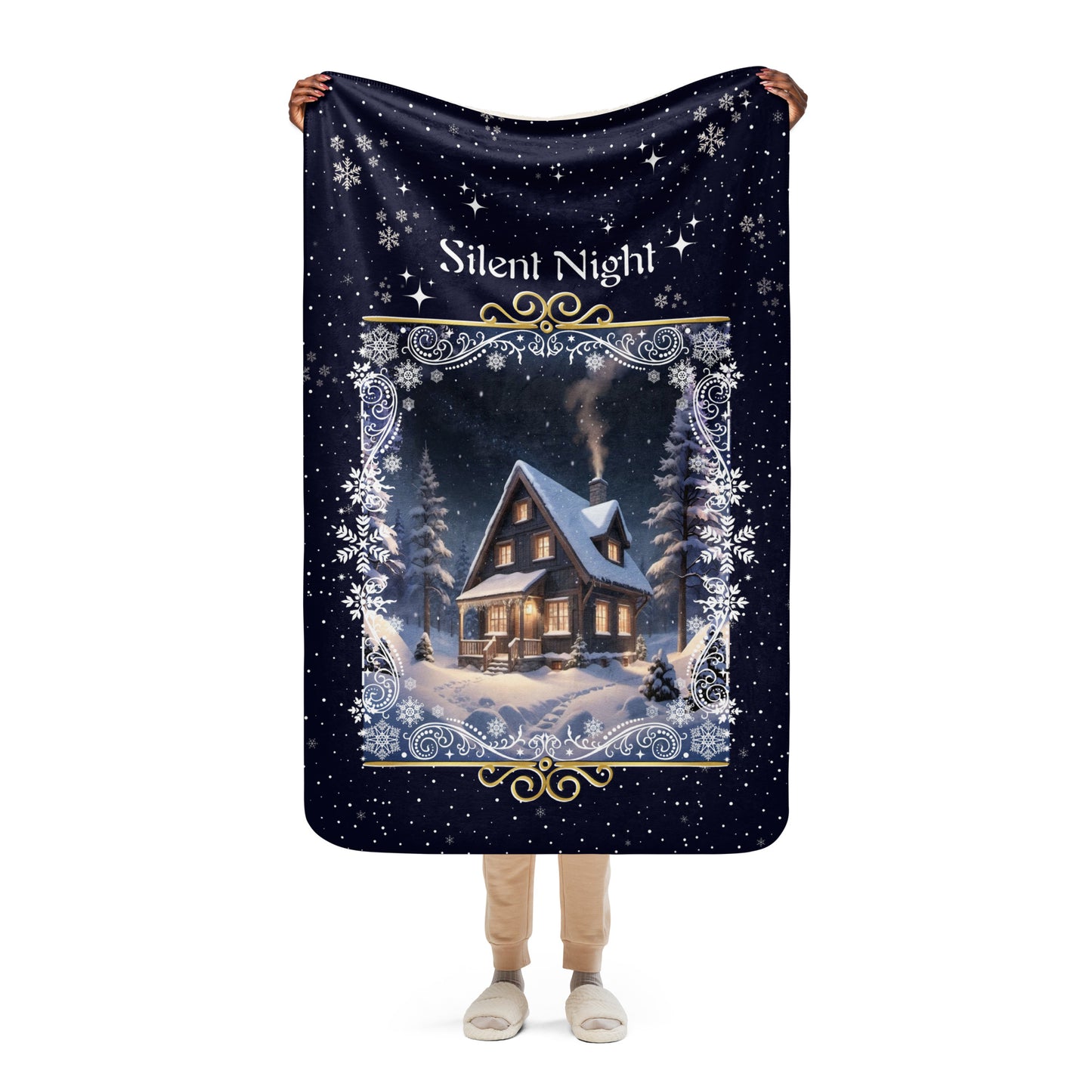 Personalized Silent Night Christmas Blanket held up by a person against a white background