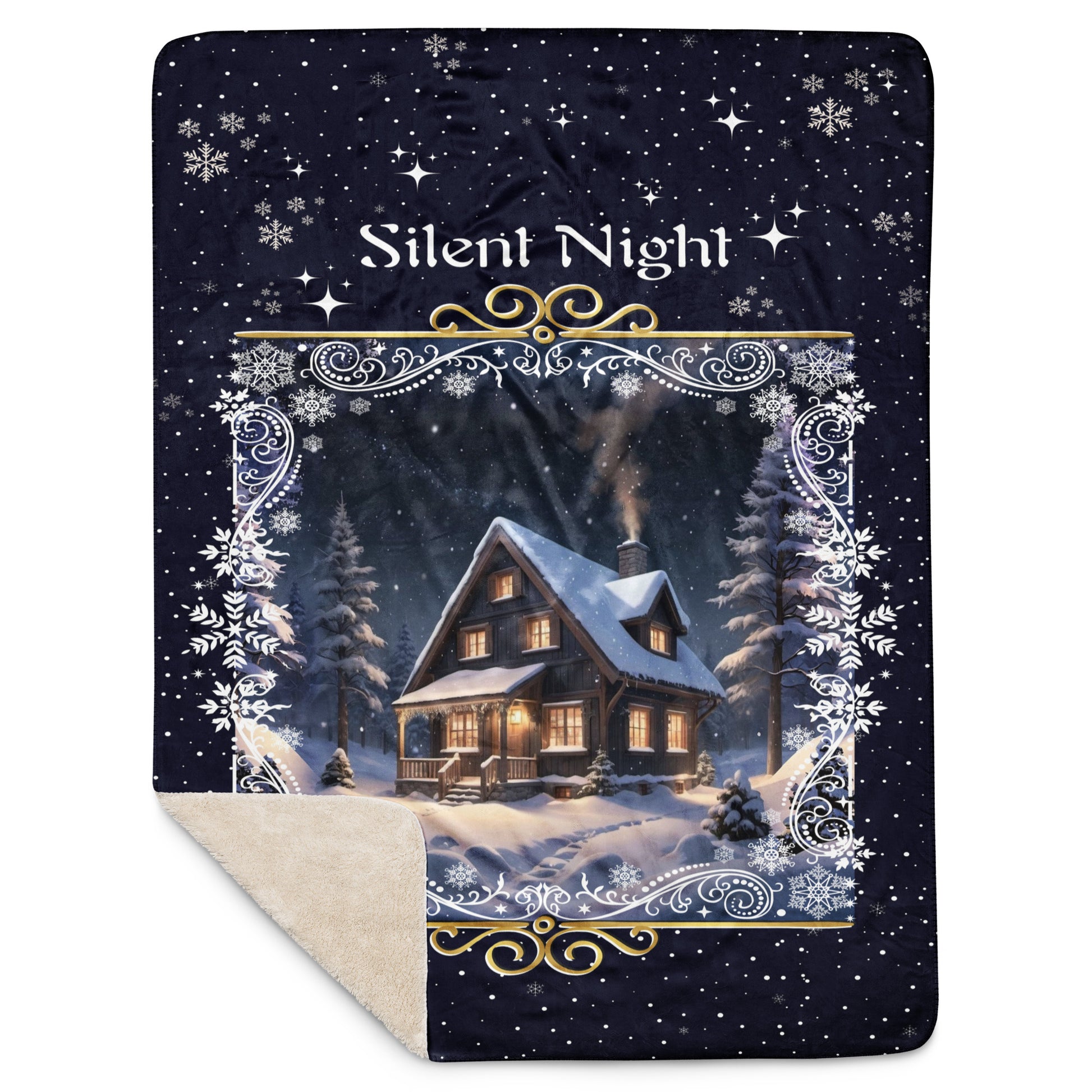 Personalized Silent Night Christmas Blanket against a white background with a corner turned up to show the sherpa backing