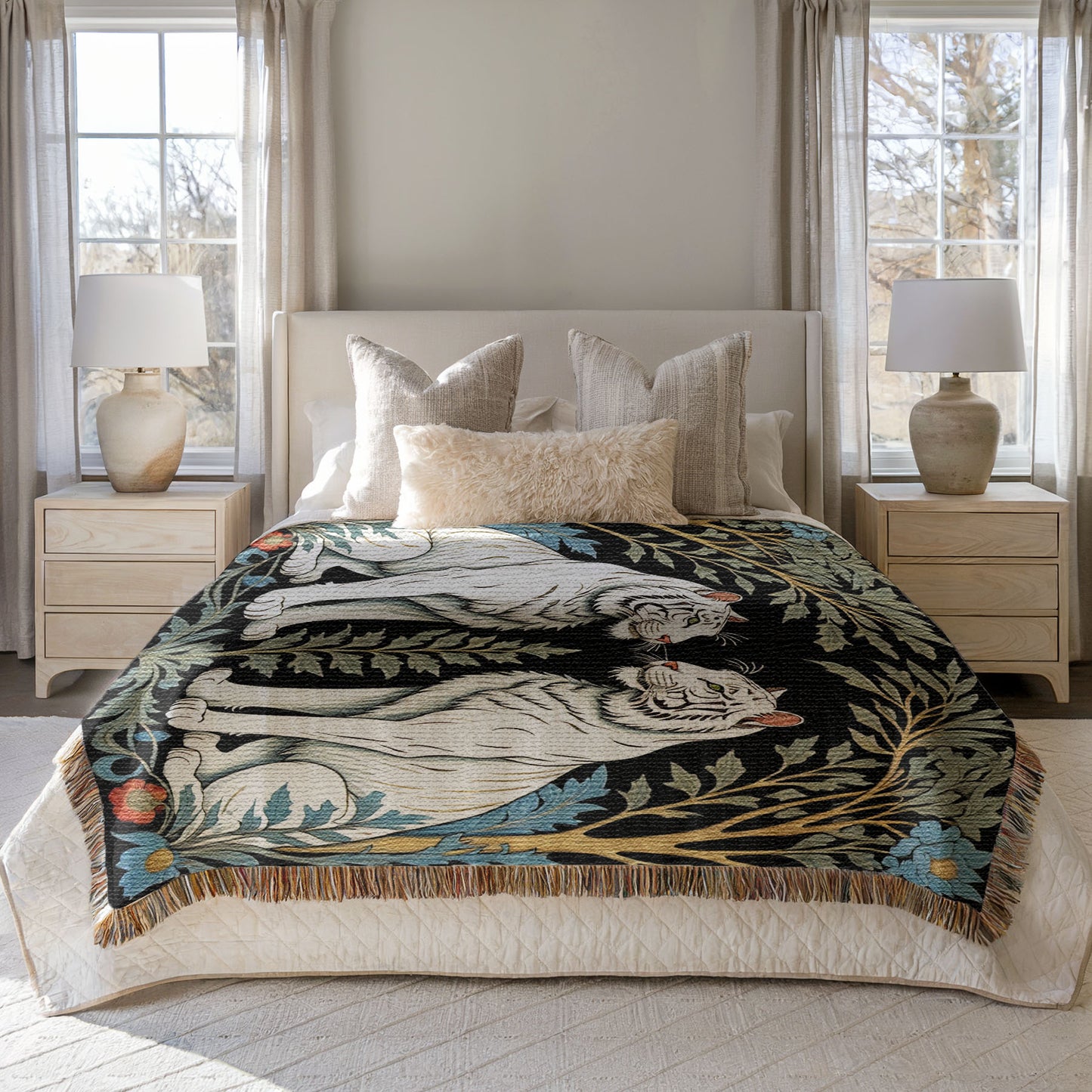 White Tiger Woven Luxury Blanket draped on a bed in a bedroom with two end tables
