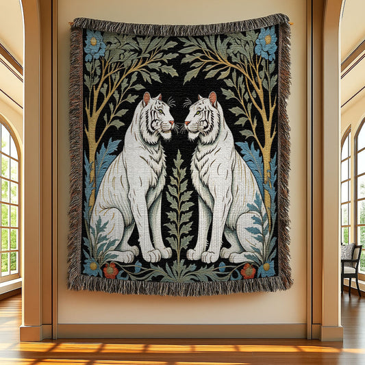 White Tiger Woven Luxury Blanket hanging on a gallery wall