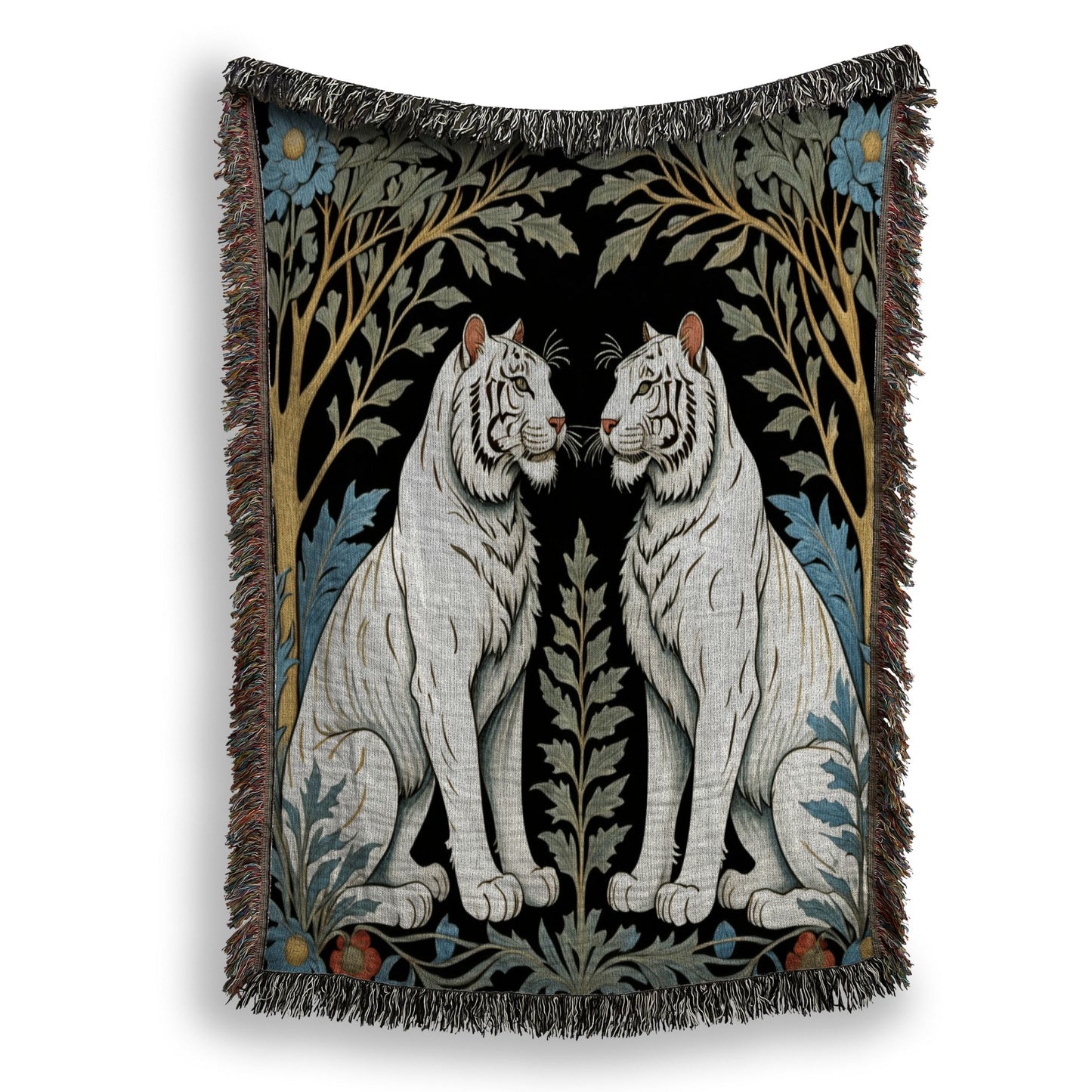 White Tiger Woven Luxury Blanket hanging against a white background