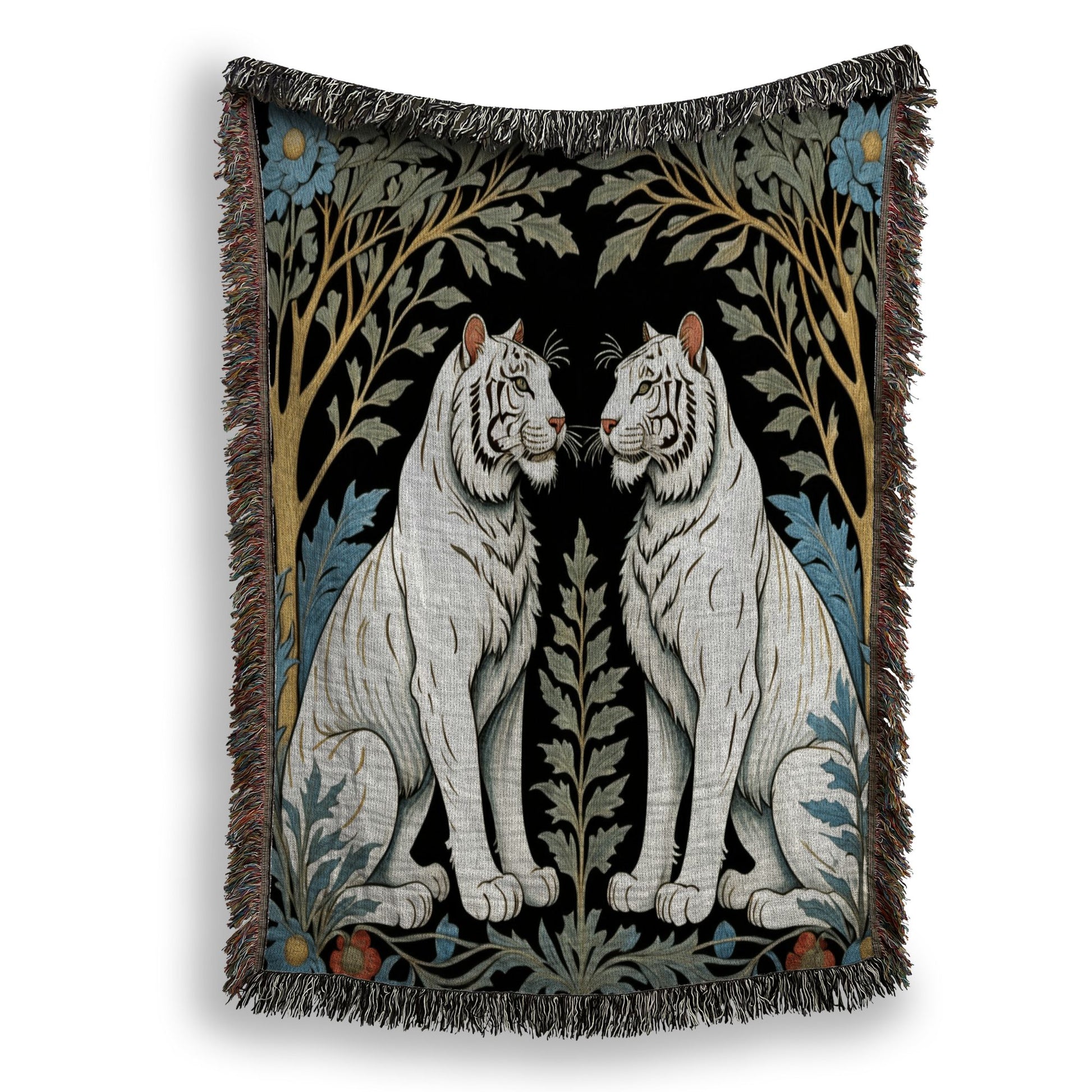 White Tiger Woven Luxury Blanket hanging against a white background