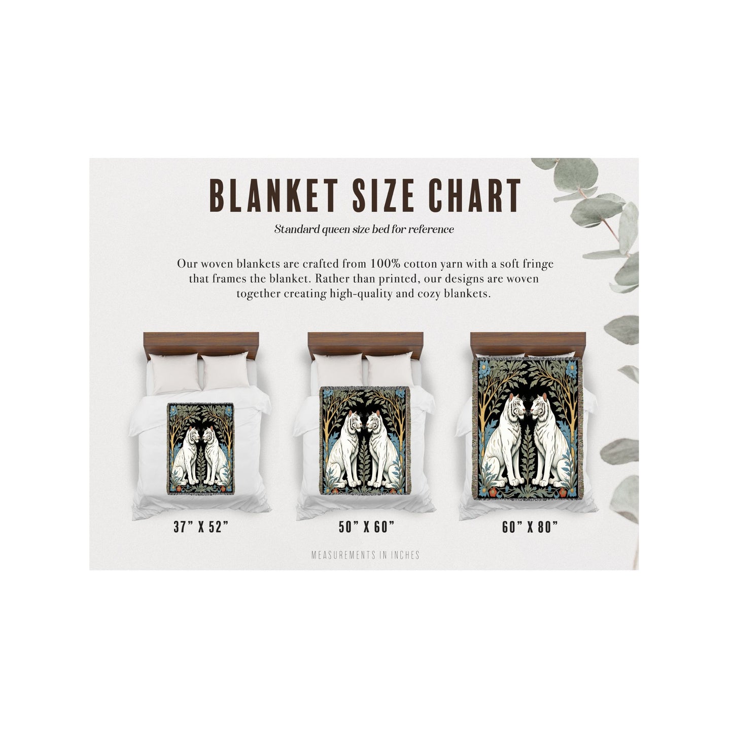 Woven Blanket size chart for the White Tiger Woven Luxury Blanket featuring three sizes; 37"x52", 50"x60", and 60"x80"