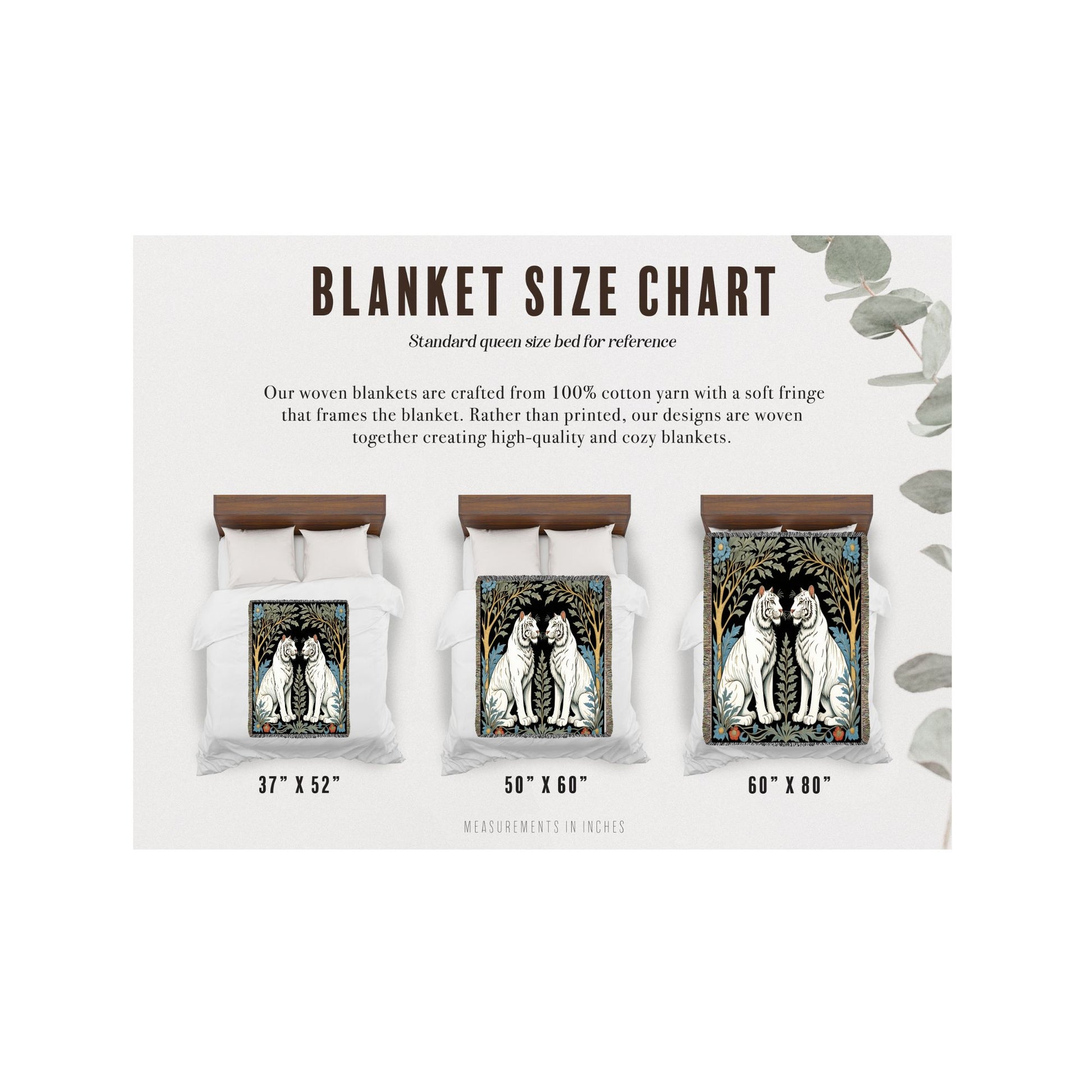 Woven Blanket size chart for the White Tiger Woven Luxury Blanket featuring three sizes; 37"x52", 50"x60", and 60"x80"