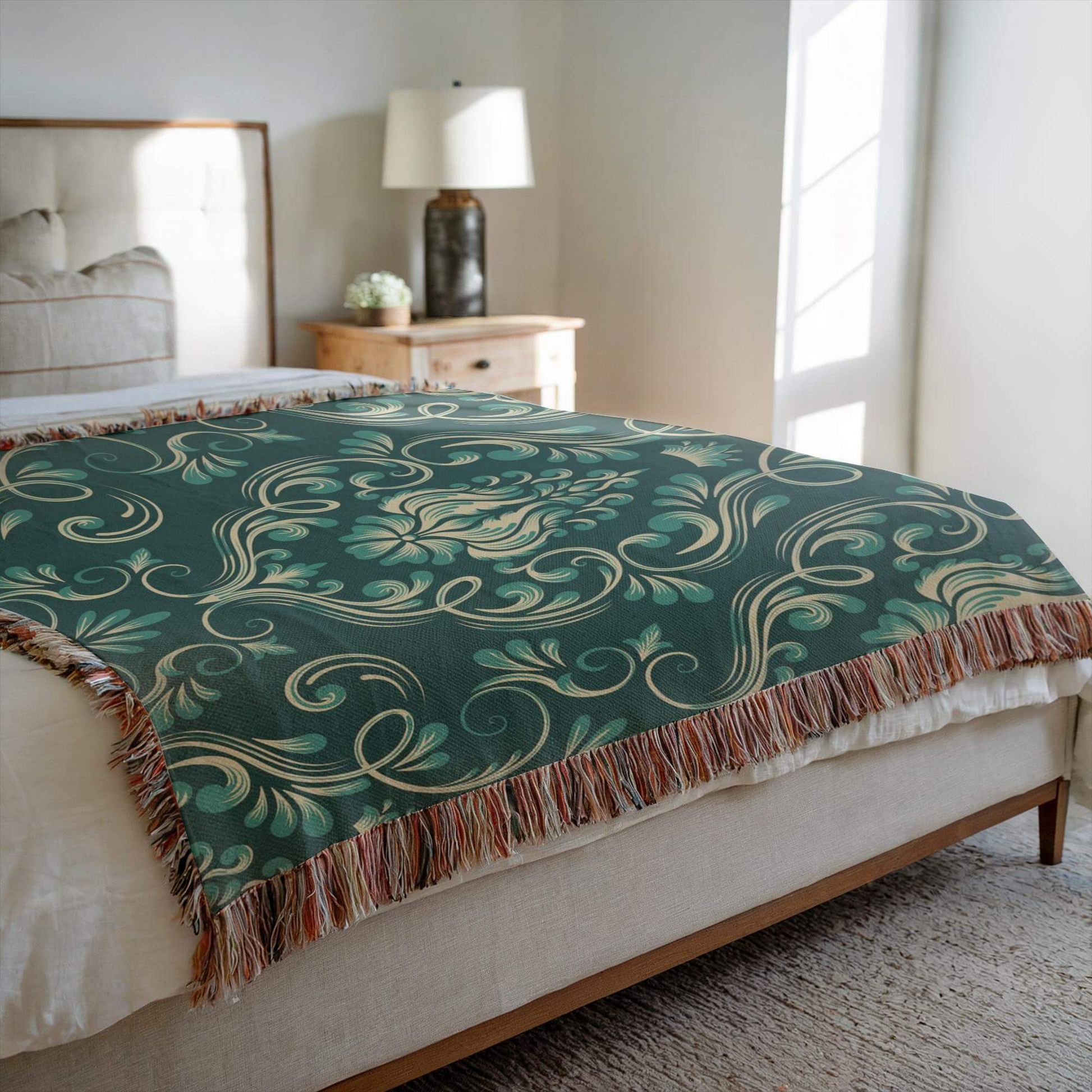 side view of the Dark Green Damask Woven Blanket draped on a bed