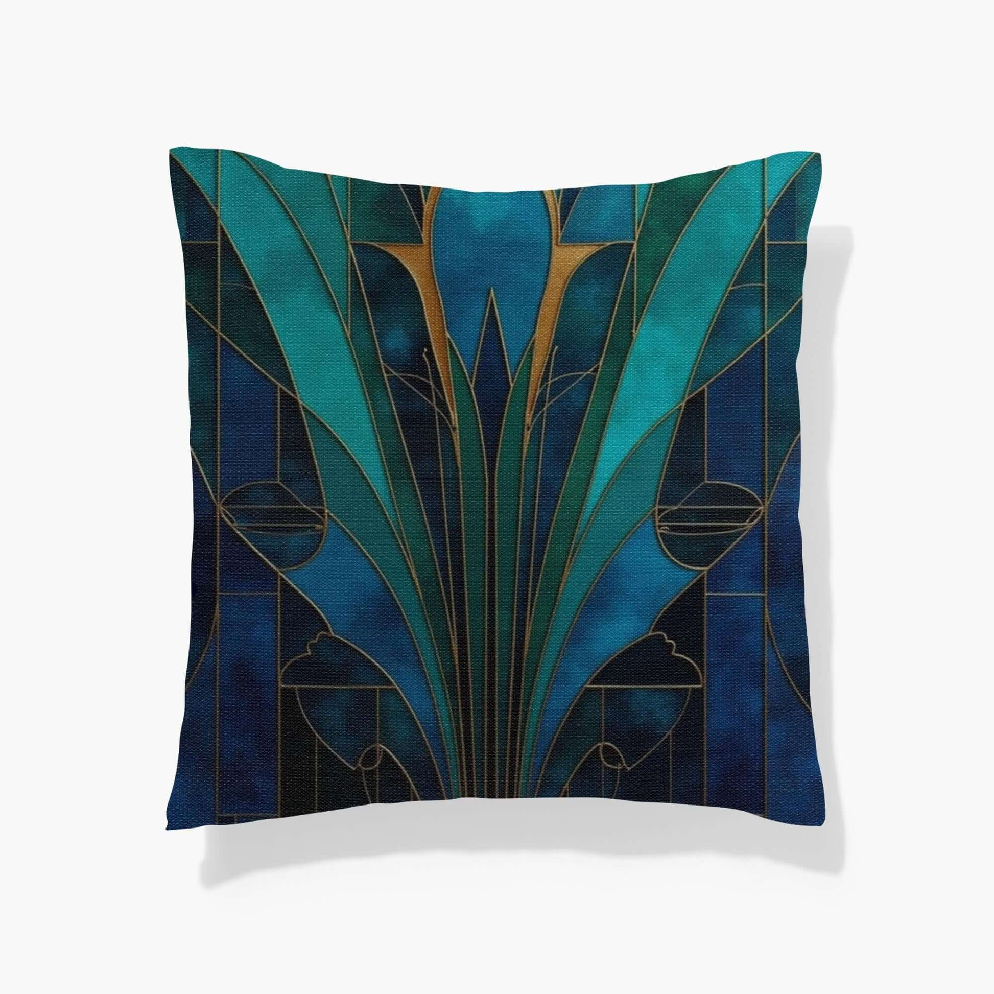 Blue And Teal Art Deco Woven Pillow aginst a white background
